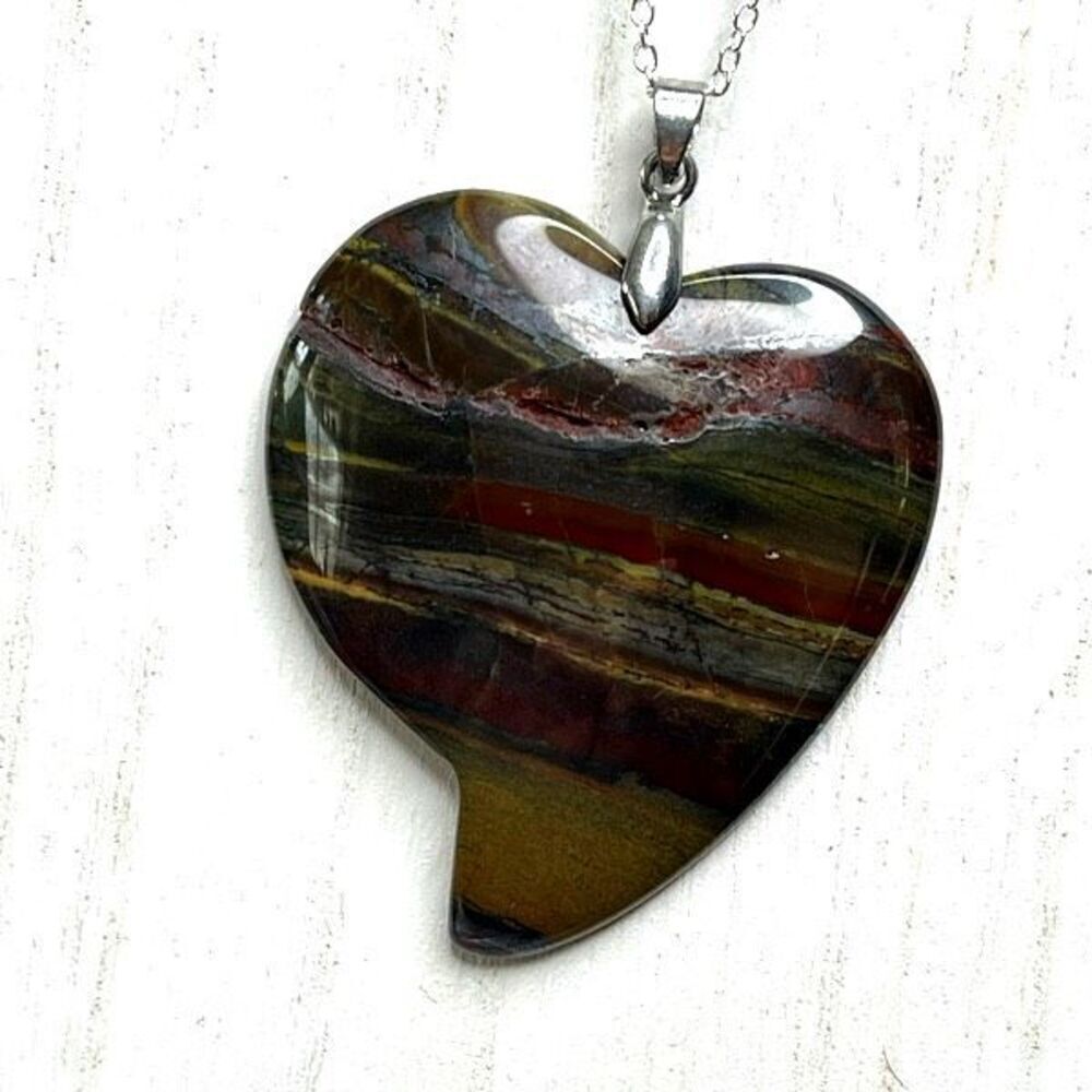 Iron Tiger hematite large 2โ heartโpendant silver plated 20โ chain necklace hand